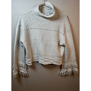 John + Jenn Sweater Womens S Cream Cable Knit Fringe Mock Neck Boho Cozy Hippie